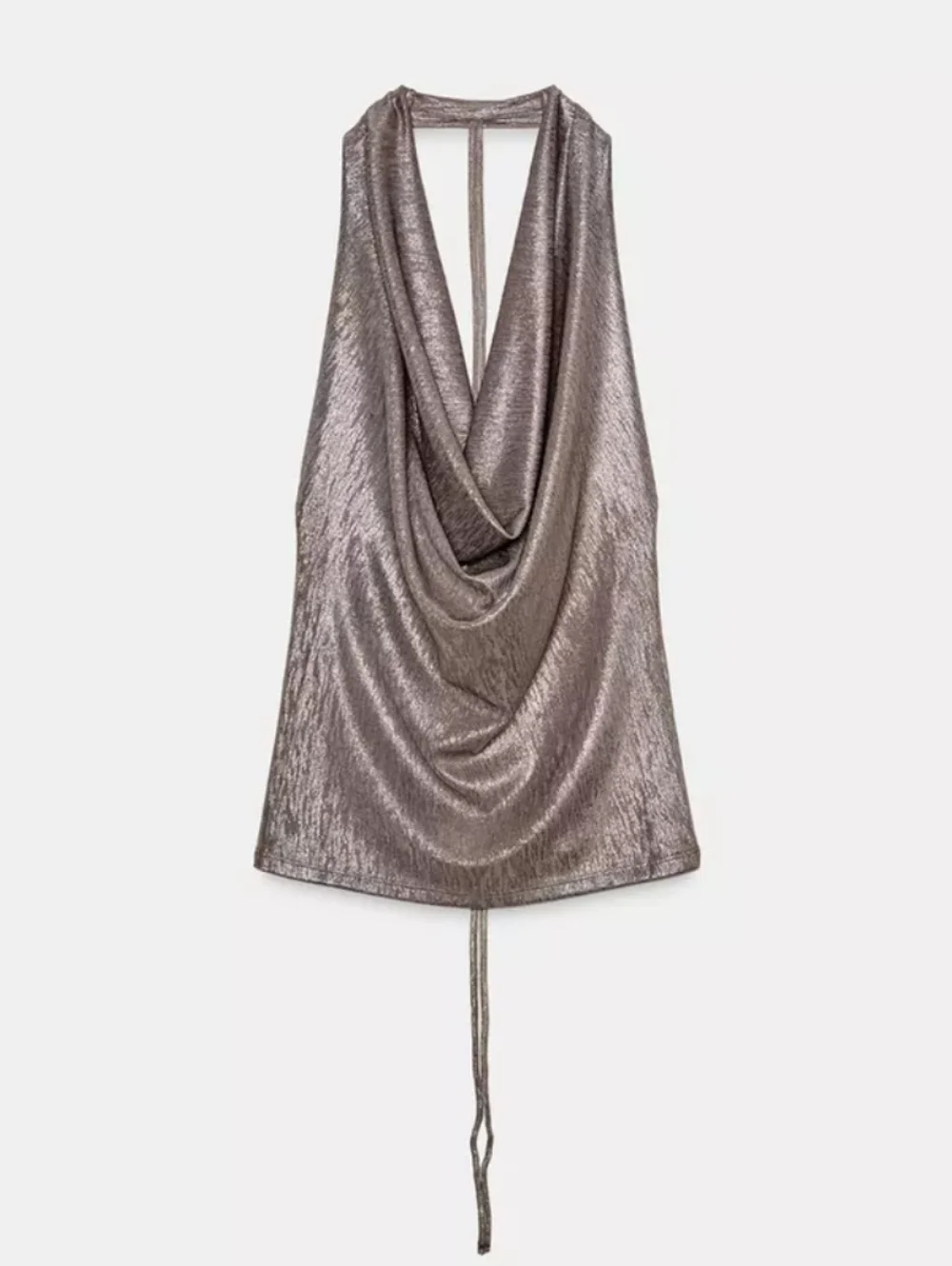 Zara Metallic Taupe Halter Draped Cowl Neck Top - Picture 8 of 8